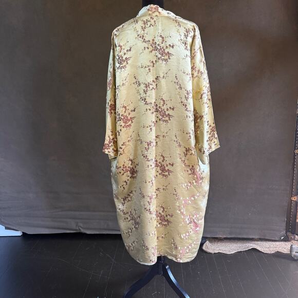 Vintage Asian Silk Satin Robe Jacket Gold Black Embroidered Floral Kimono Coat - Picture 8 of 10